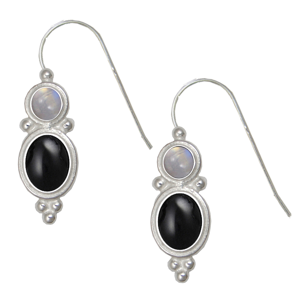 Sterling Silver Drop Dangle Earrings Black Onyx And Rainbow Moonstone